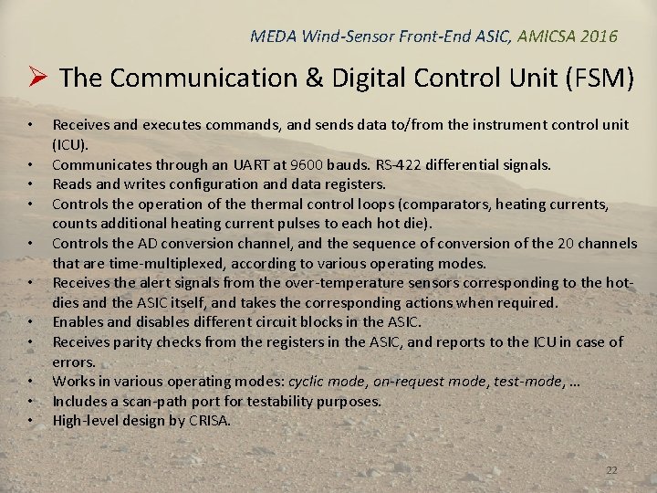 MEDA Wind-Sensor Front-End ASIC, AMICSA 2016 Ø The Communication & Digital Control Unit (FSM)