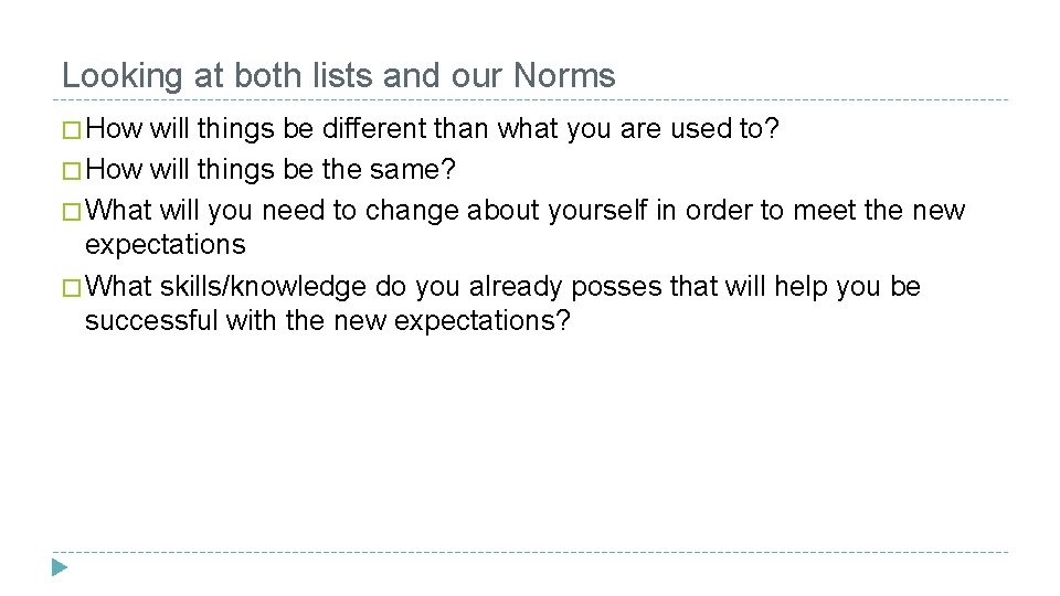 Looking at both lists and our Norms � How will things be different than
