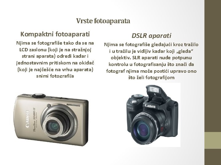 Vrste fotoaparata Kompaktni fotoaparati Njima se fotografiše tako da se na LCD zaslonu (koji Vrste fotoaparata Kompaktni fotoaparati Njima se fotografiše tako da se na LCD zaslonu (koji