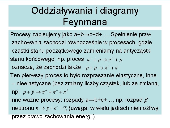 Oddziaływania i diagramy Feynmana Procesy zapisujemy jako a+b→c+d+…. Spełnienie praw zachowania zachodzi równocześnie w