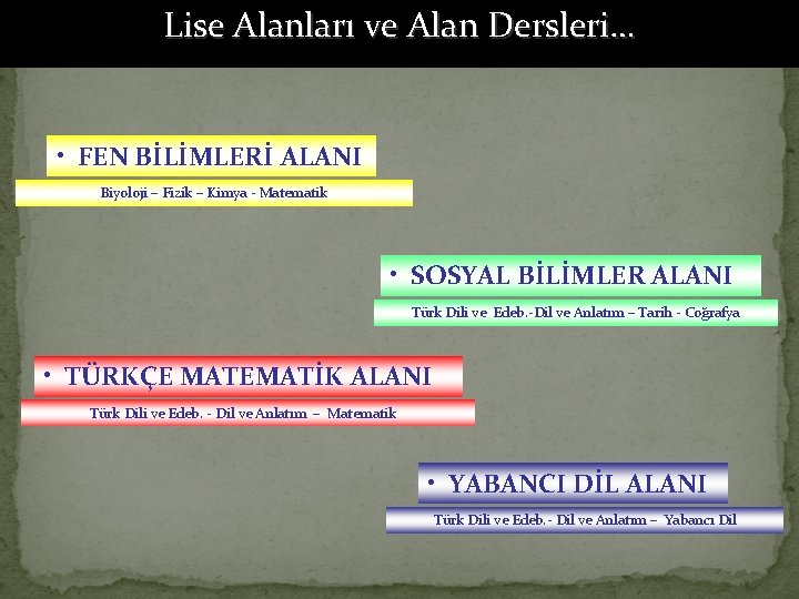 Lise Alanları ve Alan Dersleri… • FEN BİLİMLERİ ALANI Biyoloji – Fizik – Kimya