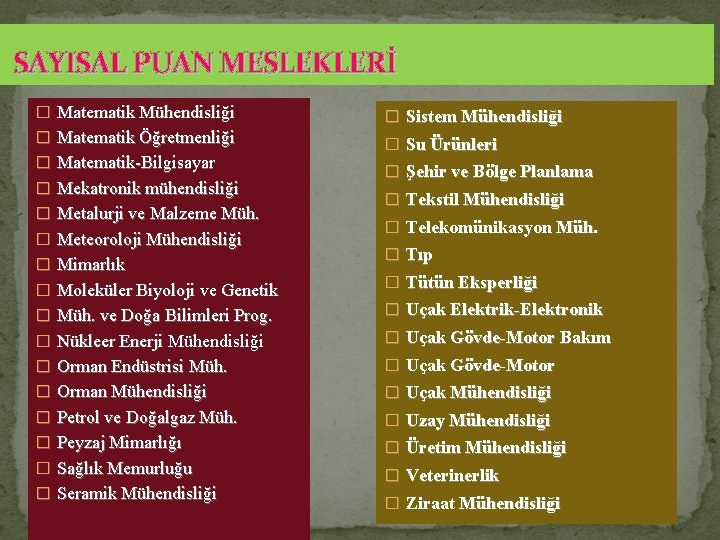 SAYISAL PUAN MESLEKLERİ � Matematik Mühendisliği � Sistem Mühendisliği � Matematik Öğretmenliği � Su