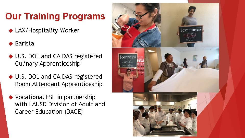 Our Training Programs LAX/Hospitality Worker Barista U. S. DOL and CA DAS registered Culinary