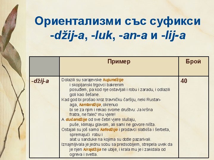 Ориентализми със суфикси -džij-a, -luk, -an-a и -lij-a Пример -džij-a Dolazili su sarajevske kujundžije
