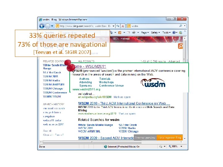 33% queries repeated 73% of those are navigational [Teevan et al. SIGIR 2007] Authors