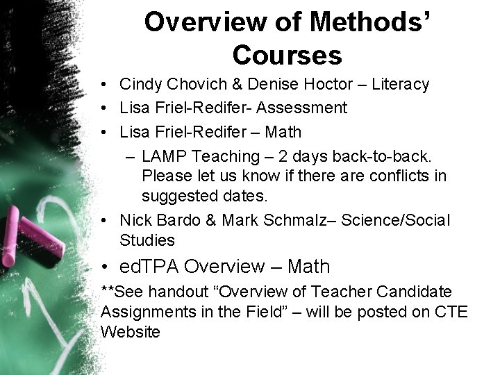 Overview of Methods’ Courses • Cindy Chovich & Denise Hoctor – Literacy • Lisa