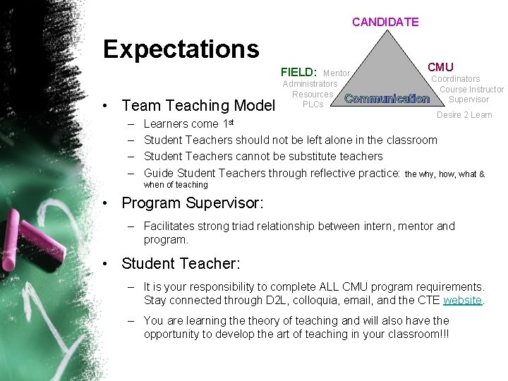 CANDIDATE Expectations FIELD: • Team Teaching Model – – CMU Mentor Coordinators Administrators Course