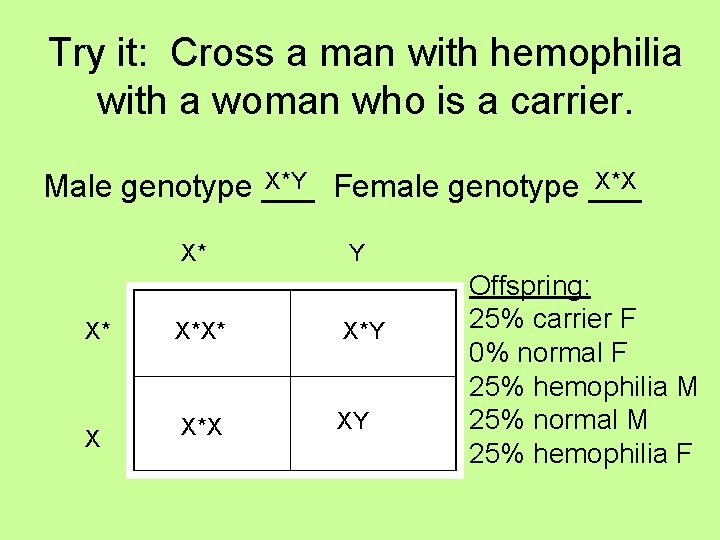 Try it: Cross a man with hemophilia with a woman who is a carrier.