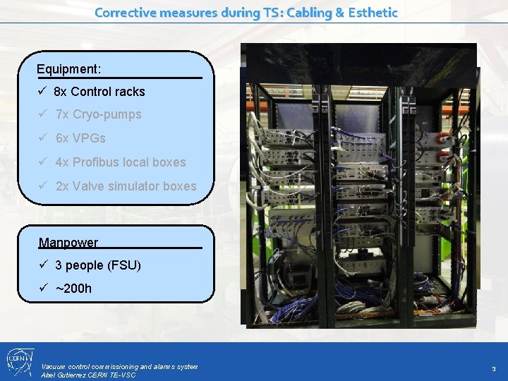 Corrective measures during TS: Cabling & Esthetic Equipment: ü 8 x Control racks ü