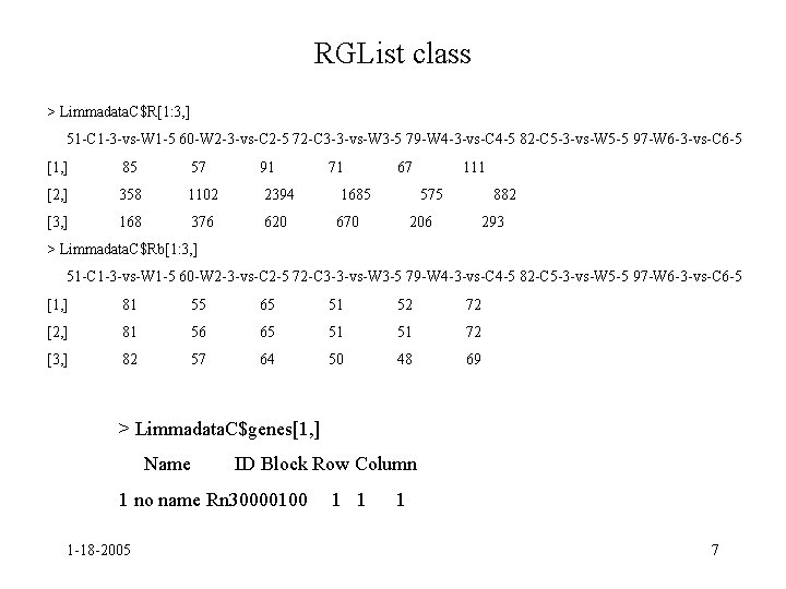 RGList class > Limmadata. C$R[1: 3, ] 51 -C 1 -3 -vs-W 1 -5