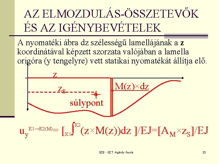 AZ ELMOZDULÁS-ÖSSZETEVŐK ÉS AZ IGÉNYBEVÉTELEK A nyomatéki ábra dz szélességű lamellájának a z koordinátával