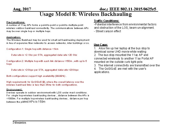 Aug, 2017 Usage Model 8: Wireless Backhauling Pre-Conditions: A number of 11 ay APs