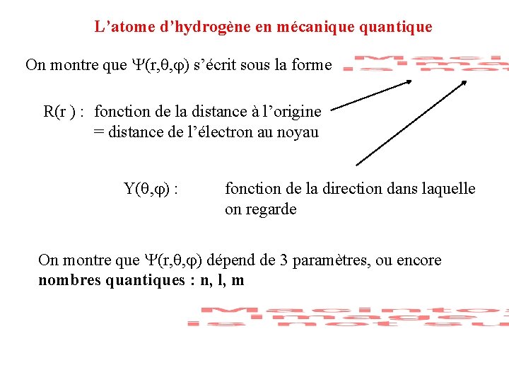 L’atome d’hydrogène en mécanique quantique On montre que (r, , ) s’écrit sous la