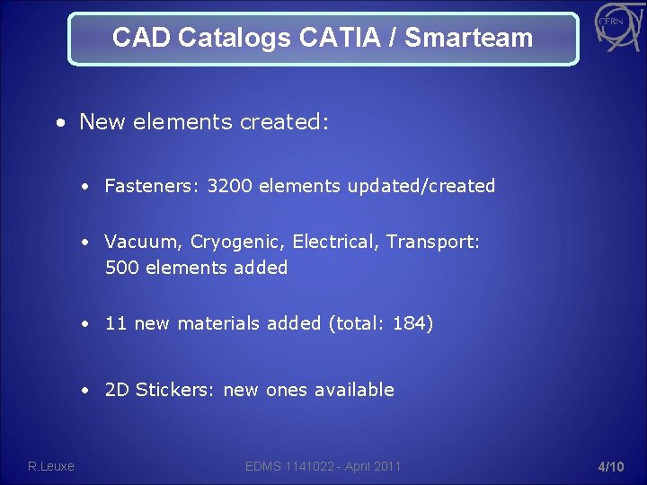CAD Catalogs CATIA / Smarteam • New elements created: • Fasteners: 3200 elements updated/created