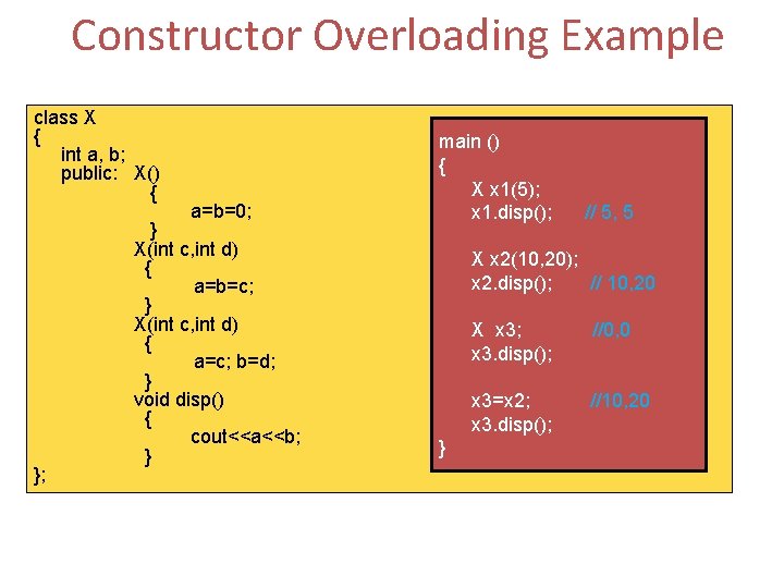 Constructor Overloading Example class X { int a, b; public: X() { }; a=b=0;