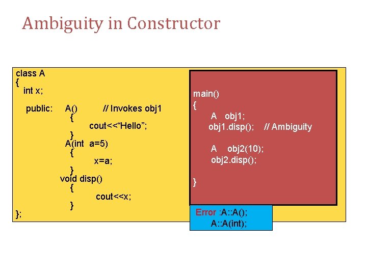 Ambiguity in Constructor class A { int x; public: }; A() { // Invokes