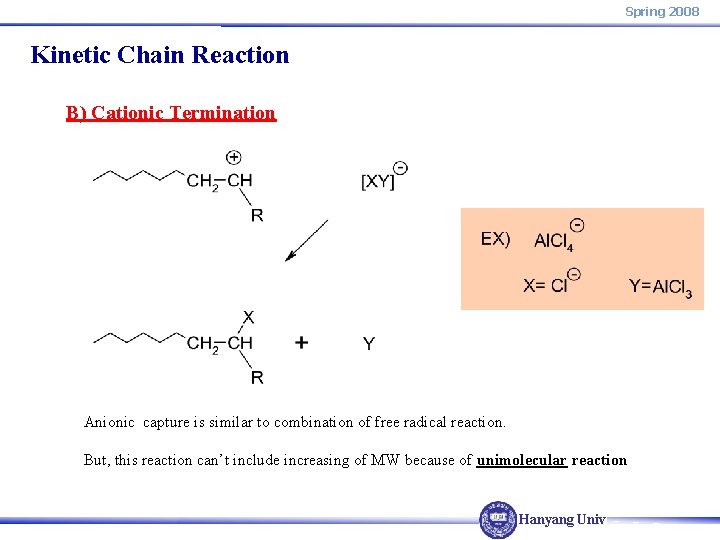 Spring 2008 Kinetic Chain Reaction B) Cationic Termination Anionic capture is similar to combination