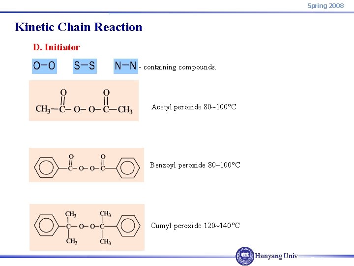 Spring 2008 Kinetic Chain Reaction D. Initiator - containing compounds. Acetyl peroxide 80~100 C