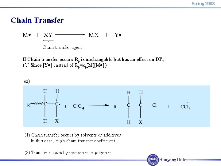 Spring 2008 Chain Transfer M + XY MX + Y Chain transfer agent If