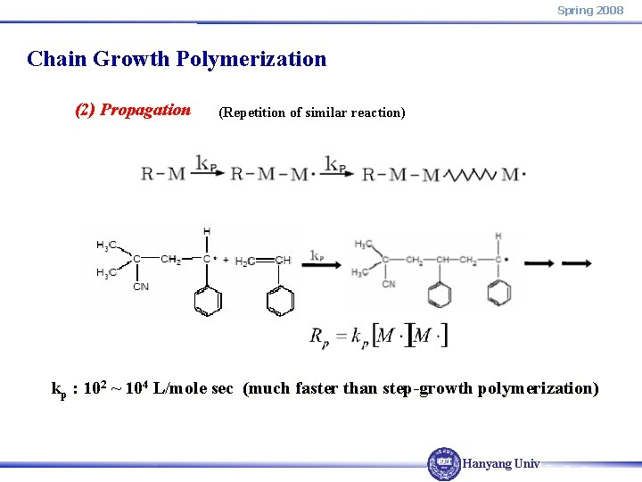 Spring 2008 Chain Growth Polymerization (2) Propagation (Repetition of similar reaction) kp : 102