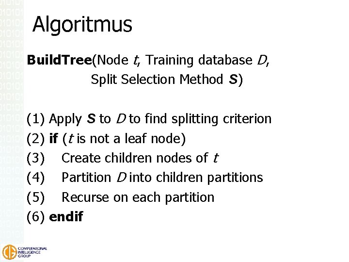 Algoritmus Build. Tree(Node t, Training database D, Split Selection Method S) (1) Apply S