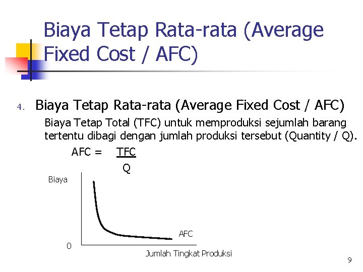 Biaya Tetap Rata-rata (Average Fixed Cost / AFC) 4. Biaya Tetap Rata-rata (Average Fixed
