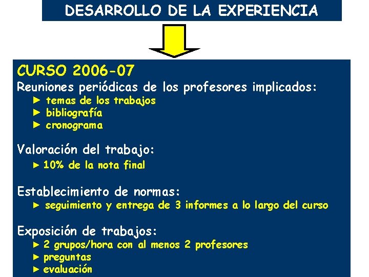 DESARROLLO DE LA EXPERIENCIA CURSO 2006 -07 Reuniones periódicas de los profesores implicados: ►
