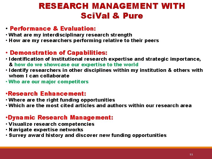 RESEARCH MANAGEMENT WITH Sci. Val & Pure • Performance & Evaluation: • What are
