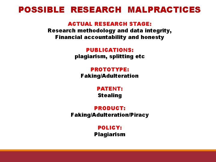 POSSIBLE RESEARCH MALPRACTICES ACTUAL RESEARCH STAGE: Research methodology and data integrity, Financial accountability and