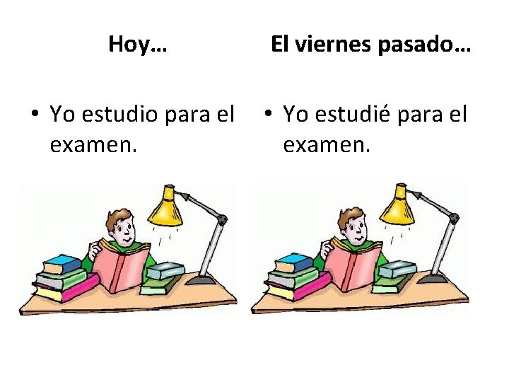 Hoy… El viernes pasado… • Yo estudio para el examen. • Yo estudié para