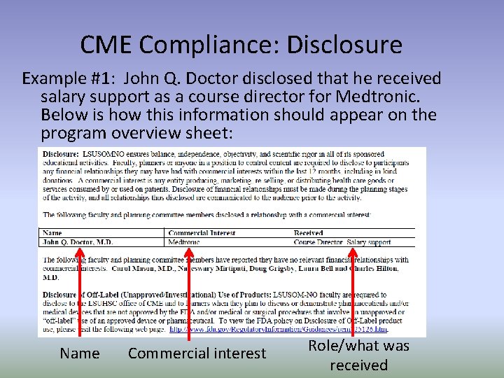 CME Compliance: Disclosure Example #1: John Q. Doctor disclosed that he received salary support