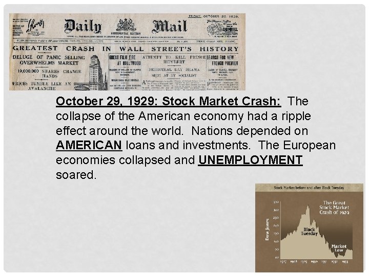 October 29, 1929: Stock Market Crash: The collapse of the American economy had a