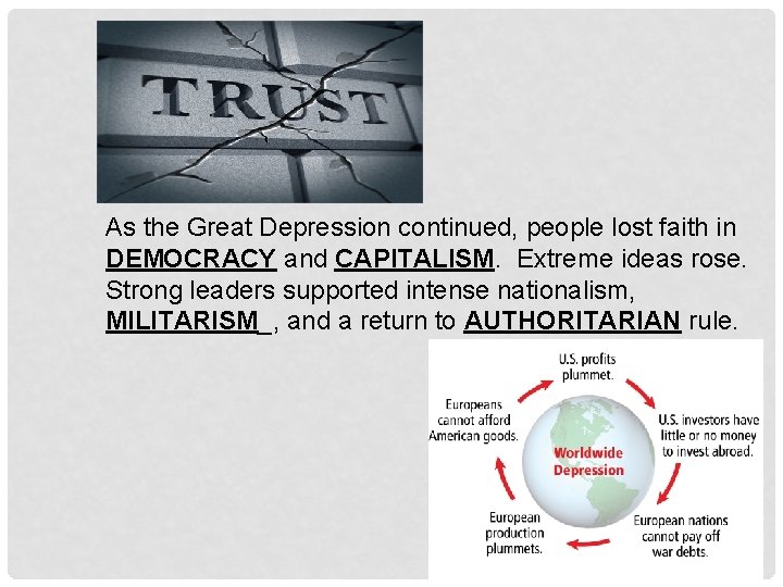 As the Great Depression continued, people lost faith in DEMOCRACY and CAPITALISM. Extreme ideas