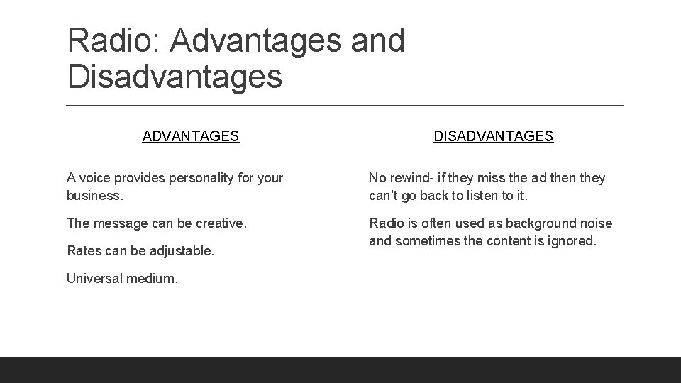 Radio: Advantages and Disadvantages ADVANTAGES DISADVANTAGES A voice provides personality for your business. No