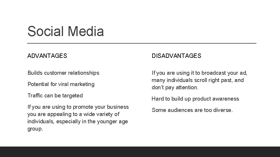 Social Media ADVANTAGES DISADVANTAGES Builds customer relationships If you are using it to broadcast