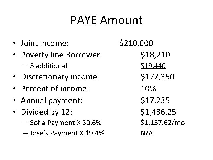 PAYE Amount • Joint income: • Poverty line Borrower: – 3 additional • •