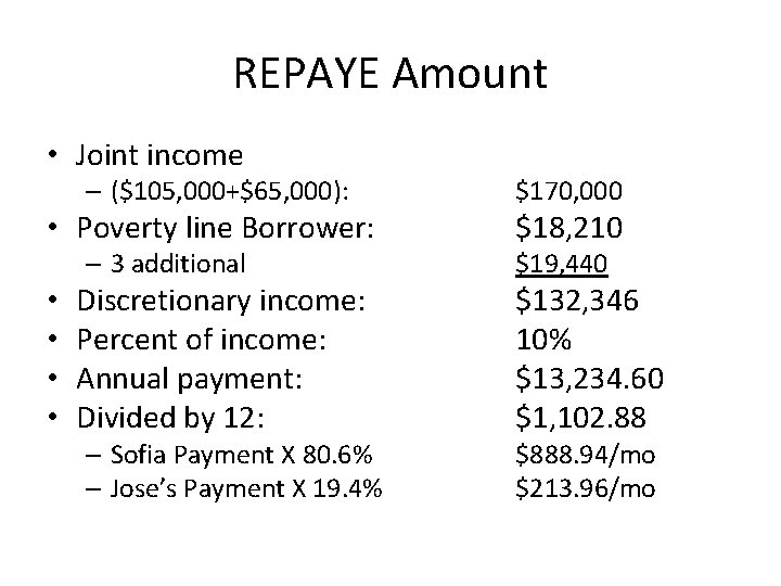 REPAYE Amount • Joint income – ($105, 000+$65, 000): $170, 000 – 3 additional
