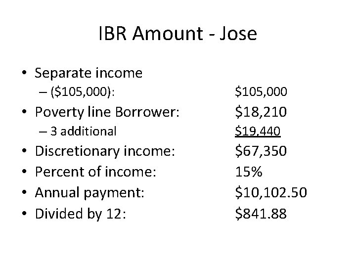 IBR Amount - Jose • Separate income – ($105, 000): • Poverty line Borrower: