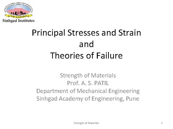 Principal Stresses and Strain and Theories of Failure Strength of Materials Prof. A. S.