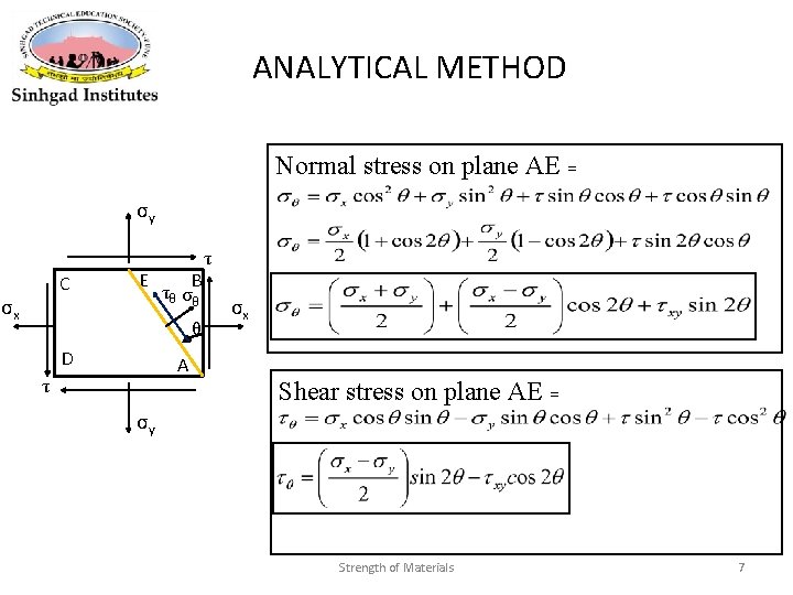 ANALYTICAL METHOD Normal stress on plane AE = σy C σx E B τ