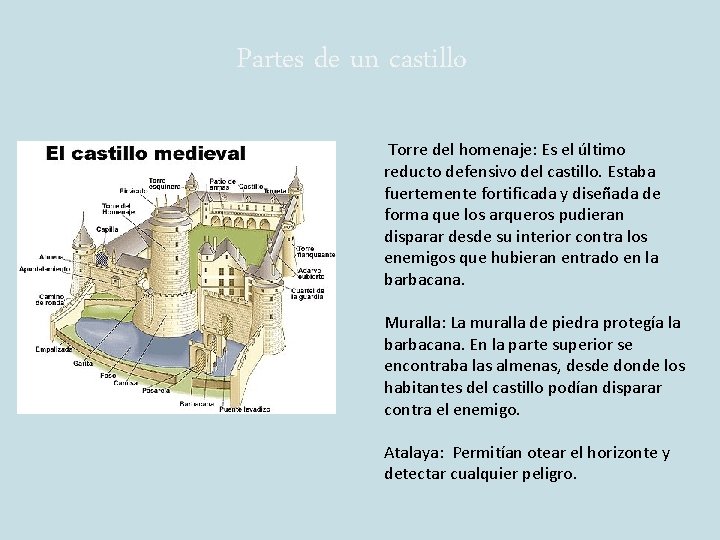 Partes de un castillo Torre del homenaje: Es el último reducto defensivo del castillo.
