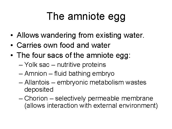 The amniote egg • Allows wandering from existing water. • Carries own food and