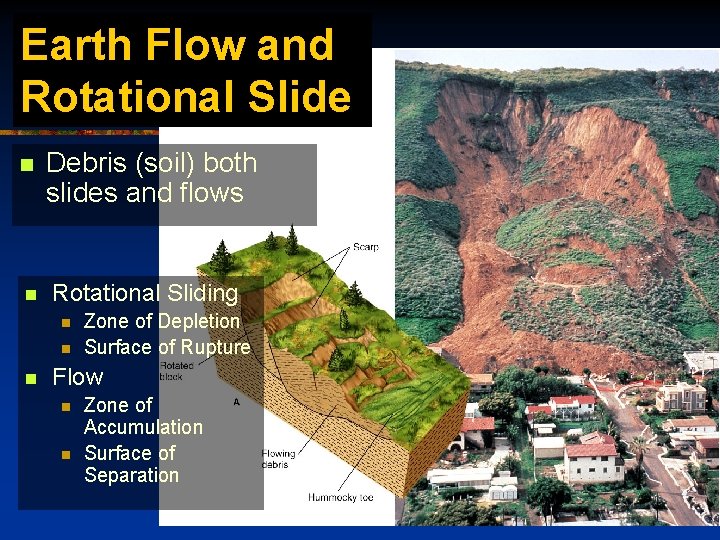 Earth Flow and Rotational Slide n n Debris (soil) both slides and flows Rotational