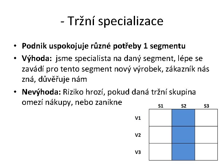 - Tržní specializace • Podnik uspokojuje různé potřeby 1 segmentu • Výhoda: jsme specialista