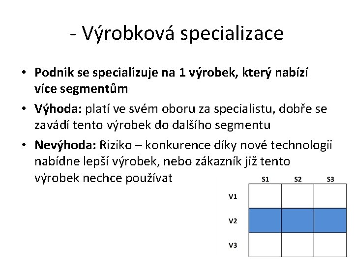 - Výrobková specializace • Podnik se specializuje na 1 výrobek, který nabízí více segmentům