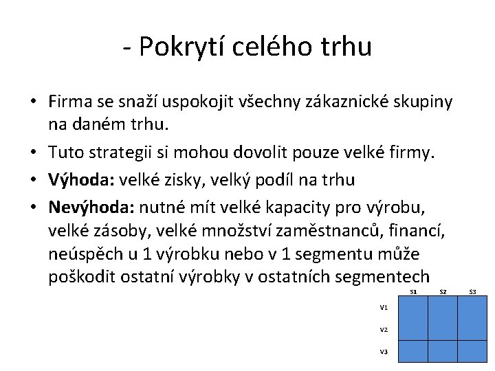 - Pokrytí celého trhu • Firma se snaží uspokojit všechny zákaznické skupiny na daném