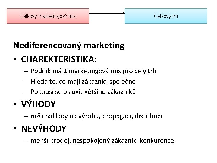 Celkový marketingový mix Celkový trh Nediferencovaný marketing • CHAREKTERISTIKA: – Podnik má 1 marketingový