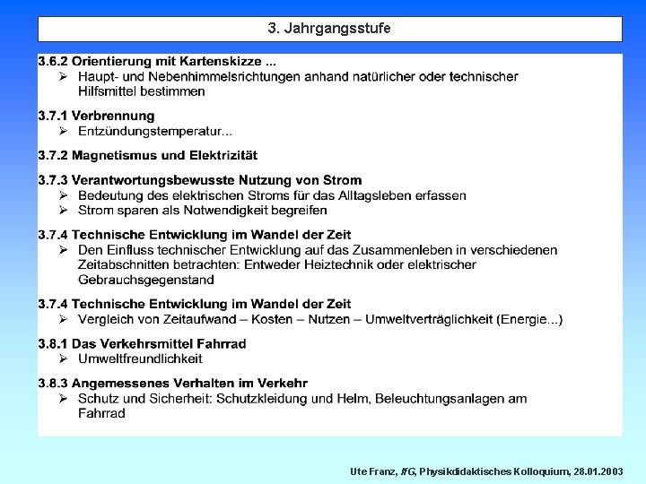 3. Jahrgangsstufe Ute Franz, If. G, Physikdidaktisches Kolloquium, 28. 01. 2003 