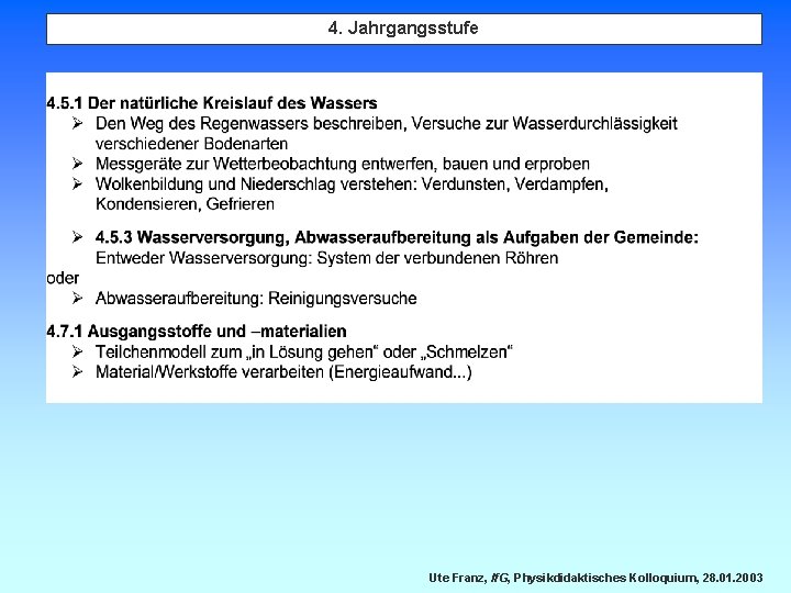 4. Jahrgangsstufe Ute Franz, If. G, Physikdidaktisches Kolloquium, 28. 01. 2003 