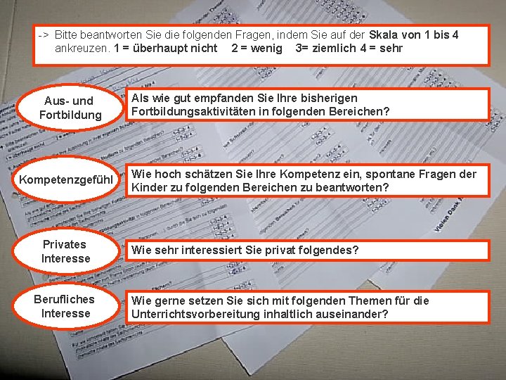 -> Bitte beantworten Sie die folgenden Fragen, indem Sie auf der Skala von 1